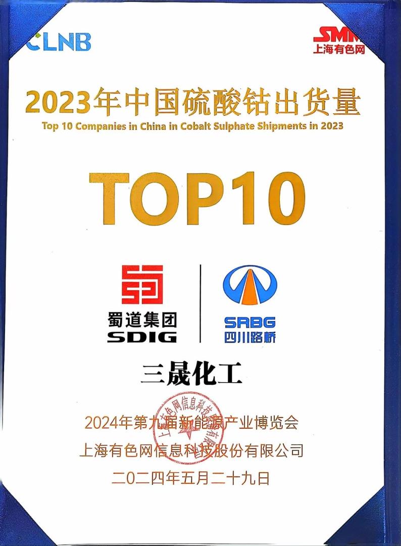 TOP10！矿业集团浙江三晟公司荣登SMM中国硫酸钴出货量榜单